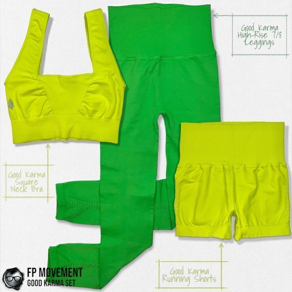 FP MOVEMENT GOOD KARMA SET: SQUARE NECK BRA + RUNNING SHORTS + LEGGINGS NEON NEW - Picture 16 of 16
